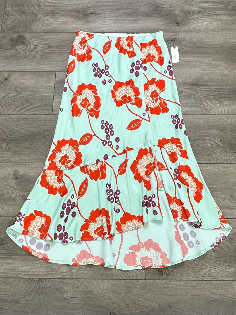 Anthropologie Floral Maxi Ruffle Skirt Blue Green Orange Size Medium